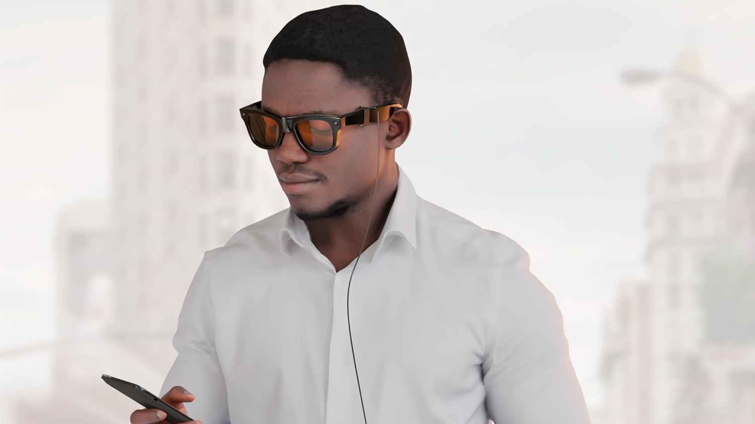 A man wearing Ray-Ban Meta glasses with the DAIERTEK extension charging cable attached to the glasses' charging pin and dropping down towards the charging case in his left hand.