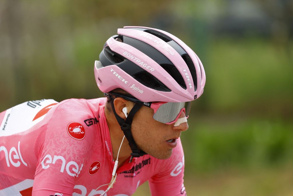 Overall leader Team Treks Spanish rider Juan Pedro Lopez rides during the 7th stage of the Giro dItalia 2022 cycling race 196 kilometers between Diamante and Potenza southwestern Italy Photo by Luca Bettini AFP Photo by LUCA BETTINIAFP via Getty Images