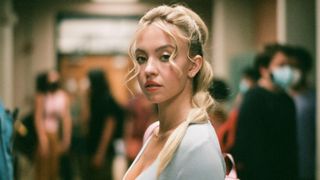 Sydney Sweeney as Cassie from Euphoria season 2 with a bubble ponytail