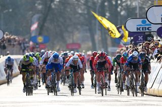 SCHOTEN BELGIUM APRIL 05 LR Gerben Thijssen of Belgium and Team Intermarch Circus Wanty Dylan Groenewegen of The Netherlands and Team Jayco AlUla Mark Cavendish of The United Kingdom and Astana Qazaqstan Team Edward Theuns of Belgium and Team Trek Segafredo and Jasper Philipsen of Belgium and Team AlpecinDeceuninck sprint at finish line during the 111th Scheldeprijs 2023 Mens Elite a 2053km one day race from Terneuzen to Schoten on April 05 2023 in Schoten Belgium Photo by Luc ClaessenGetty Images