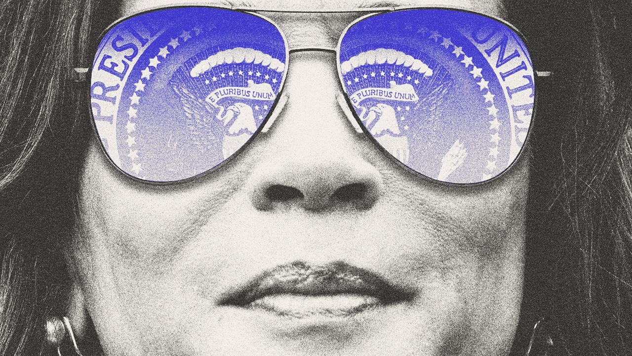 Illustration of Kamala Harris with the Presidential Seal reflected in a pair of aviator sunglasses 