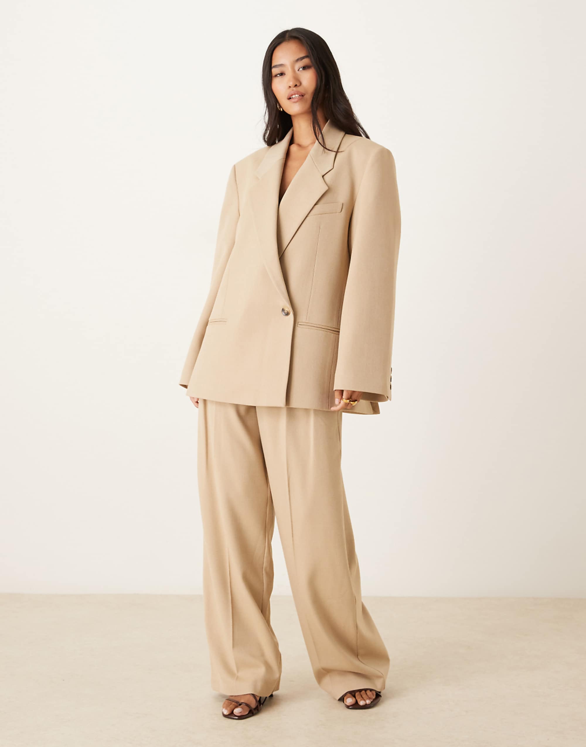 Asos Design Tailored Wide Leg Pants With Tab Detail in Sand