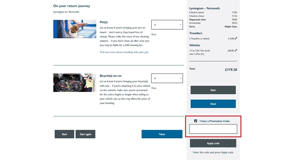 Wightlink discount code screenshot