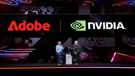 Shantanu Narayen and Jensen Huang speaking at Adobe Summit 2026