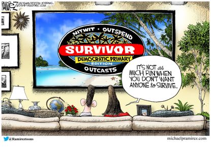 Political Cartoon U.S. Democratic Debates Survivor Reality TV