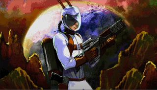 Darsalon protagonist in white spacesuit holding ray gun in front of pixelated moon