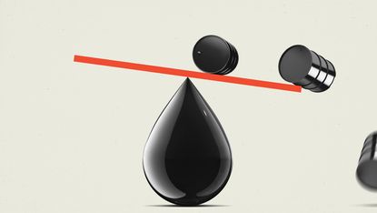 An illustration of oil barrels balancing precariously on a scale made of a drop of oil