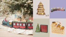 a train advent calendar underneath a christmas tree, and four cut-out images of advent calendars