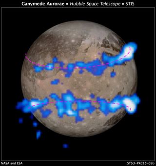 NASA Hubble Space Telescope images of Ganymede's auroral belts (colored blue in this illustration) lie on top of a Galileo orbiter image of the moon. The amount of rocking of the moon's magnetic field supplied evidence that the moon possesses a subsurface saltwater ocean. Image released March 12, 2015.