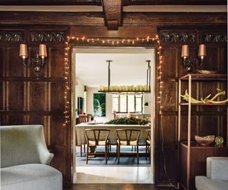 Fairy lights on wood panelling