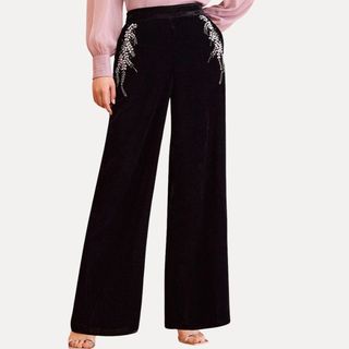 Love & Roses Black Velvet Hand Embellished Wide Leg Trouser 