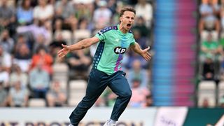 Tom Curran of Oval Invincibles celebrates after taking the wicket of Laurie Evans of Southern Brave during the The Hundred match between Southern Brave Men and Oval Invincibles Men at Utilita Bowl on August 18, 2025 in Southampton, England.