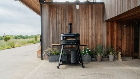 Gozney's Dome XL (Gen 2) pizza oven in off black outdoors with potted plants lined up behind it against a wood paneled facade