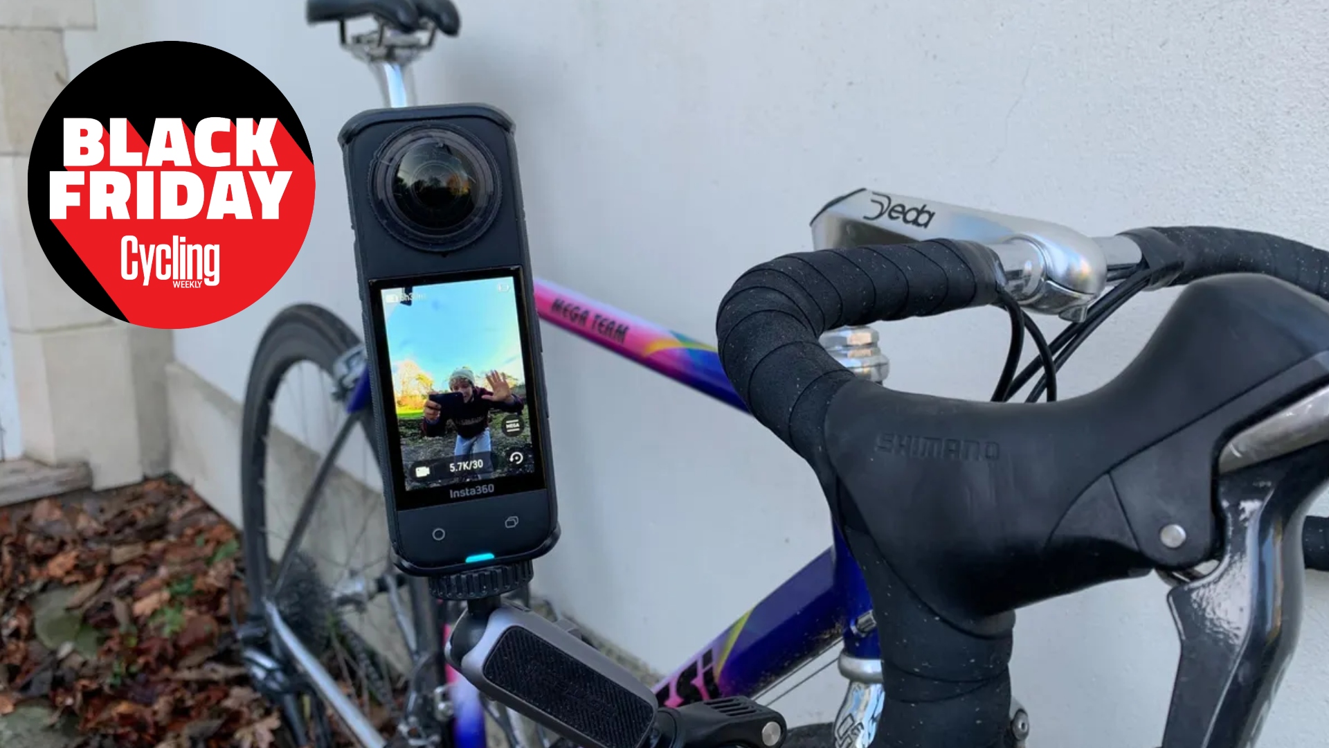 The Insta360 4K action camara shown with a bike and a Black Friday roundal 