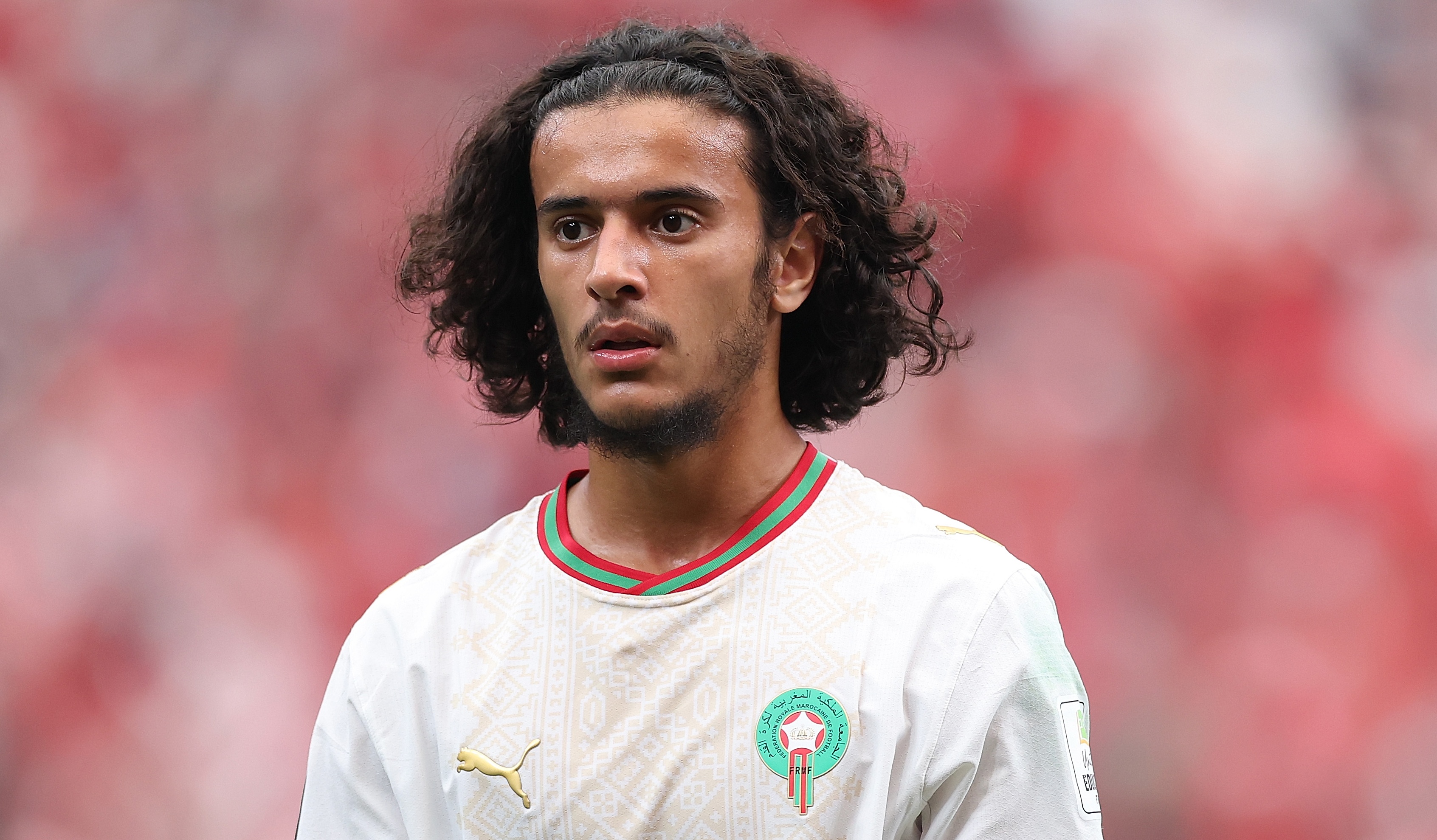 Ayyoub Bouaddi #6 of Morocco looks on during the FIFA World Cup 2026 Round Of 16 match between Canada and Morocco at Houston Stadium on July 04, 2026 in Houston, Texas