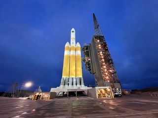 A United Launch Alliance Delta IV Heavy rocket carrying the classified spy satellite NROL-82 stands atop Space Launch Complex-6 at California's Vandenberg Air Force Base for an April 26, 2021 launch.