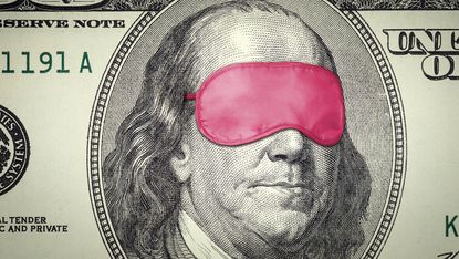 Benjamin Franklin wearing a sleep mask on a $100 dollar bill