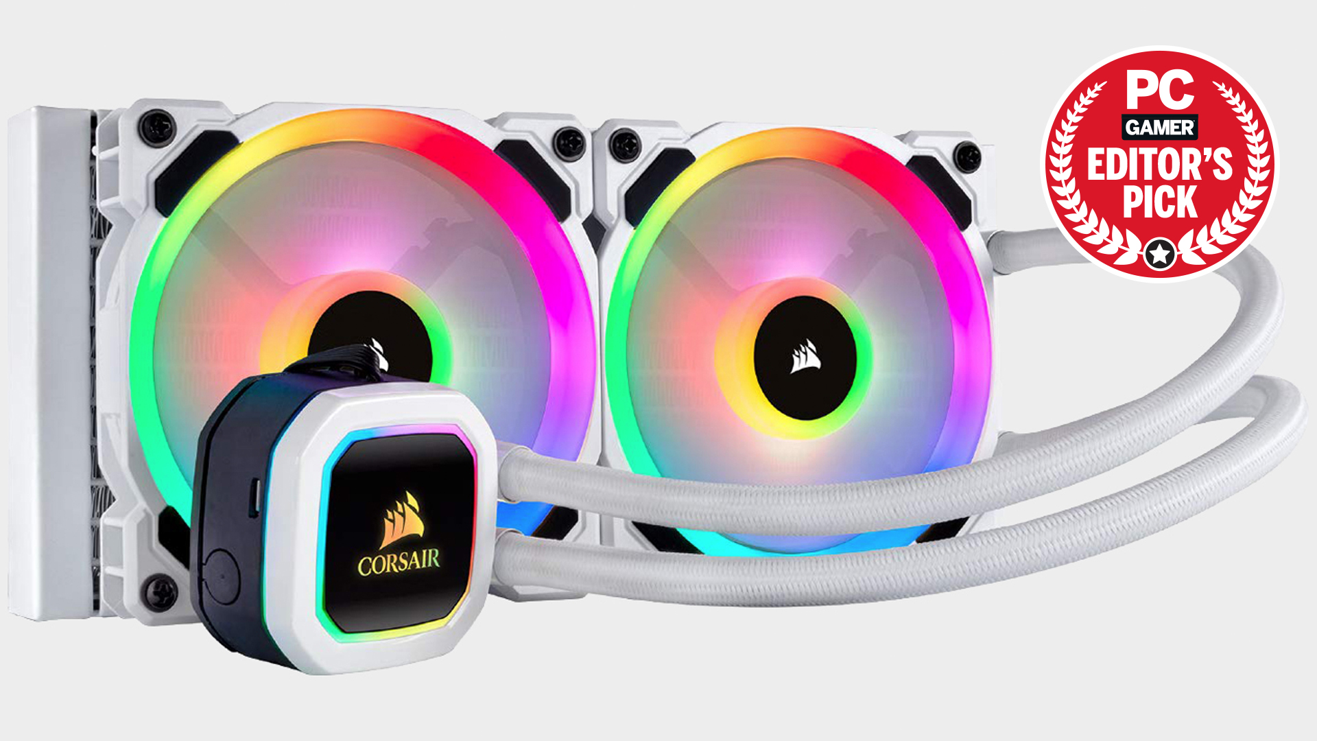 Corsair H115i RGB Platinum all-in-one CPU cooler on a grey background with an editor's pick award badge