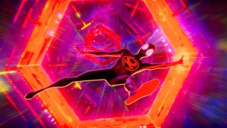 Spider-Man (Miles Morales) falling through portals.