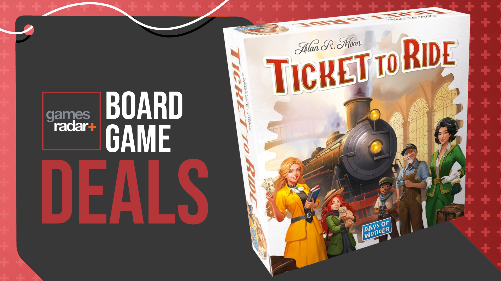 The Ticket to Ride box on a red and gray background, with a GamesRadar+ logo beside the text &#039;board game deals&#039;