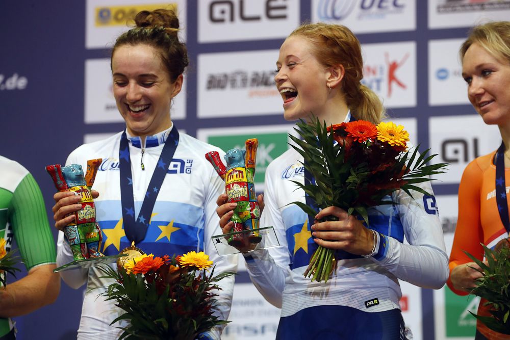 Women's Madison winners Elinor Barker and Eleanor Dickinson (Great Britain)