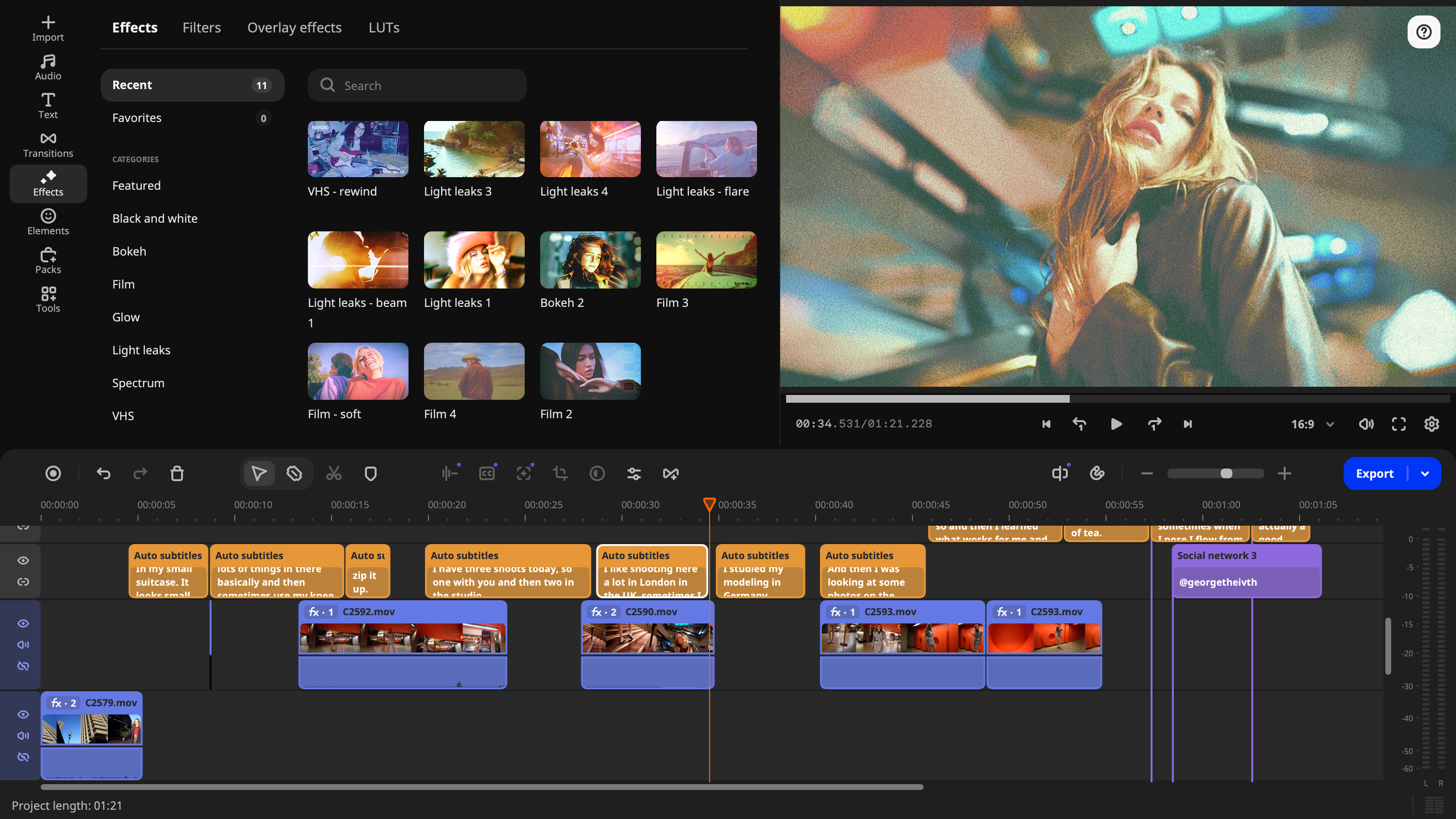 Screenshot of the Movavi Video Editor workspace featuring a stylised-looking shot of the model posing. There&amp;rsquo;s a collection of drag-and-drop preset effects in the adjacent window.