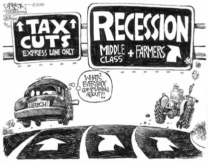 Political Cartoon U.S. Tax Cuts for the Rich Economic Recession Hurts Middle Class