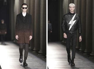 Split picture of two models walking down catwalk - left side in trousers and long coat / right side in black trousers and coat with white lightening sign on