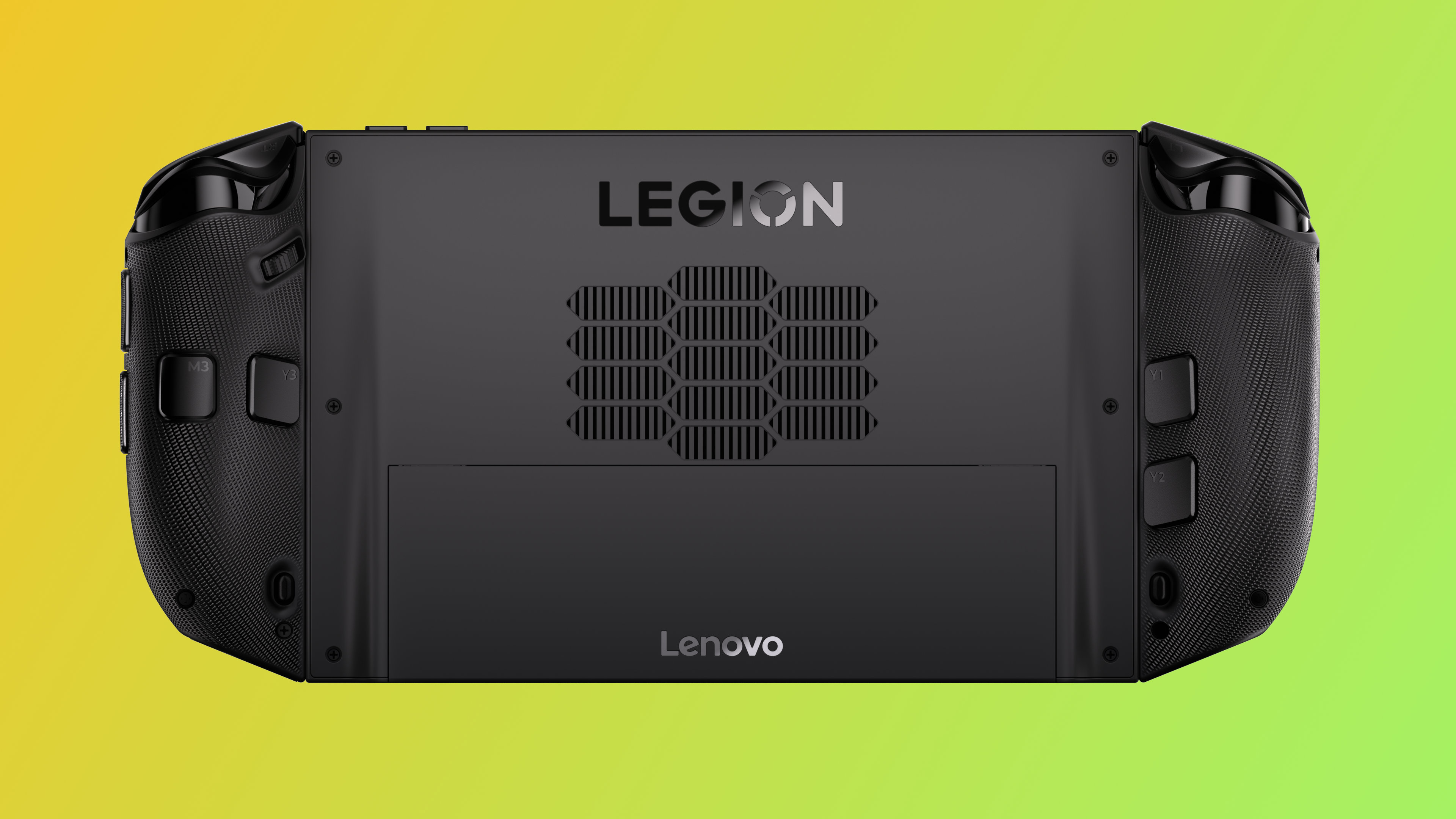 A promotional image of Lenovo's Legion Go 2 handheld gaming PC, with Valve's SteamOS natively installed.