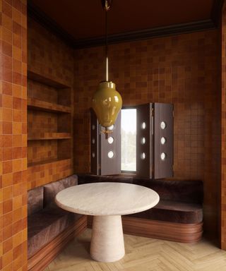 burnt orange and brown tiled corner coffee nook by Montana Labelle