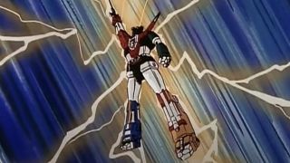 Voltron flying through the air with lightning surrounding it on Voltron