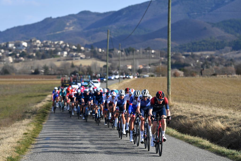 MANOSQUE FRANCE FEBRUARY 12 LR Bruno Armirail of France and Team Groupama FDJ Pieter Serry of Belgium and Team QuickStep Alpha Vinyl and Salvatore Puccio of Italy and Team INEOS Grenadiers lead the peloton during the 6th Tour de La Provence 2022 Stage 2 a 1806km stage from Arles to Manosque 417m TDLP22 on February 12 2022 in Manosque France Photo by Luc ClaessenGetty Images