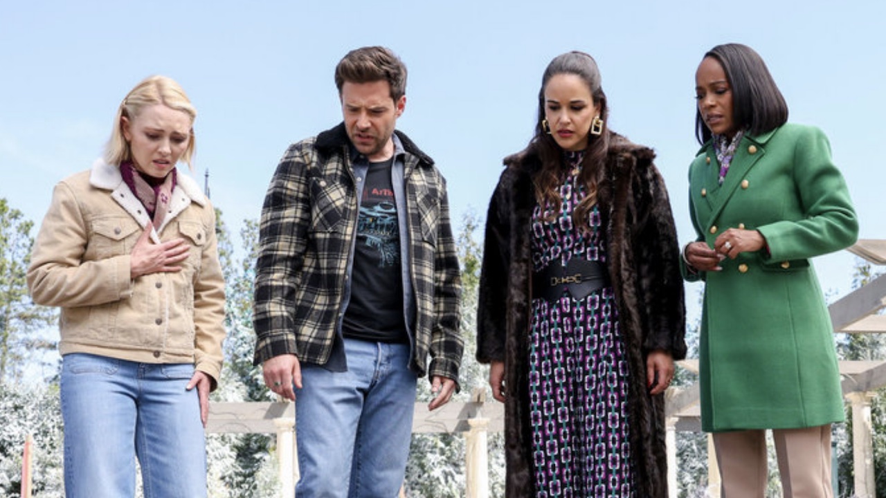 Birdie, Catherine, Brett and Alice staring down at corpse in Grosse Point Garden Society in final episode