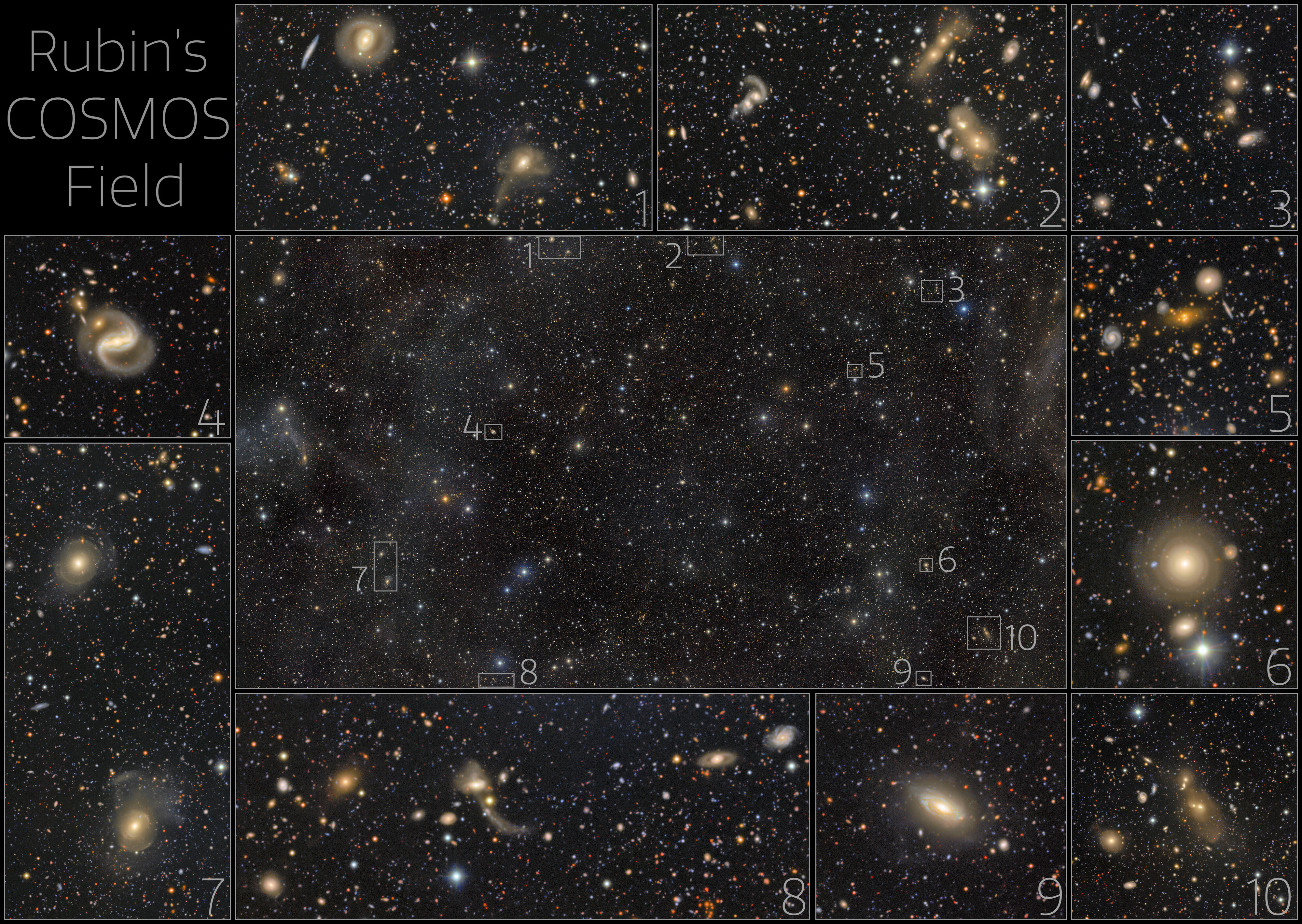 This exceptionally deep image from NSF&amp;ndash;DOE Vera C. Rubin Observatory reveals the renowned COSMOS field and its surroundings in the constellation Sextans. The view is crowded with galaxies and galaxy clusters spanning an immense range of distances and cosmic ages, while only a handful of foreground stars belong to our own Milky Way. It was created by combining multiple observations from Rubin&amp;rsquo;s LSST Camera into a deep co-added image and is being released to mark Early Data Preview 2, the first Rubin data preview based on LSST Camera observations. Here, some selected areas are highlighted.