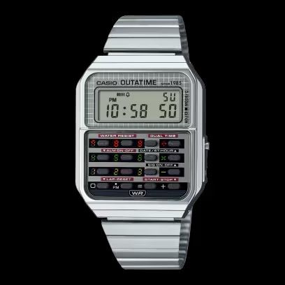 Casio Back to the Future limited edition calculator watch from different angles