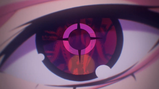 Screenshot from a yet untitled game from Compile Heart and Kouji Okada, showing a close-up of a character's eyeball as it reflects a pinkish crosshair