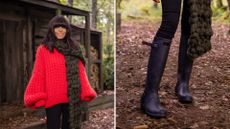 Composite of images of Claudia Winkleman in wellies in The Traitors season 2