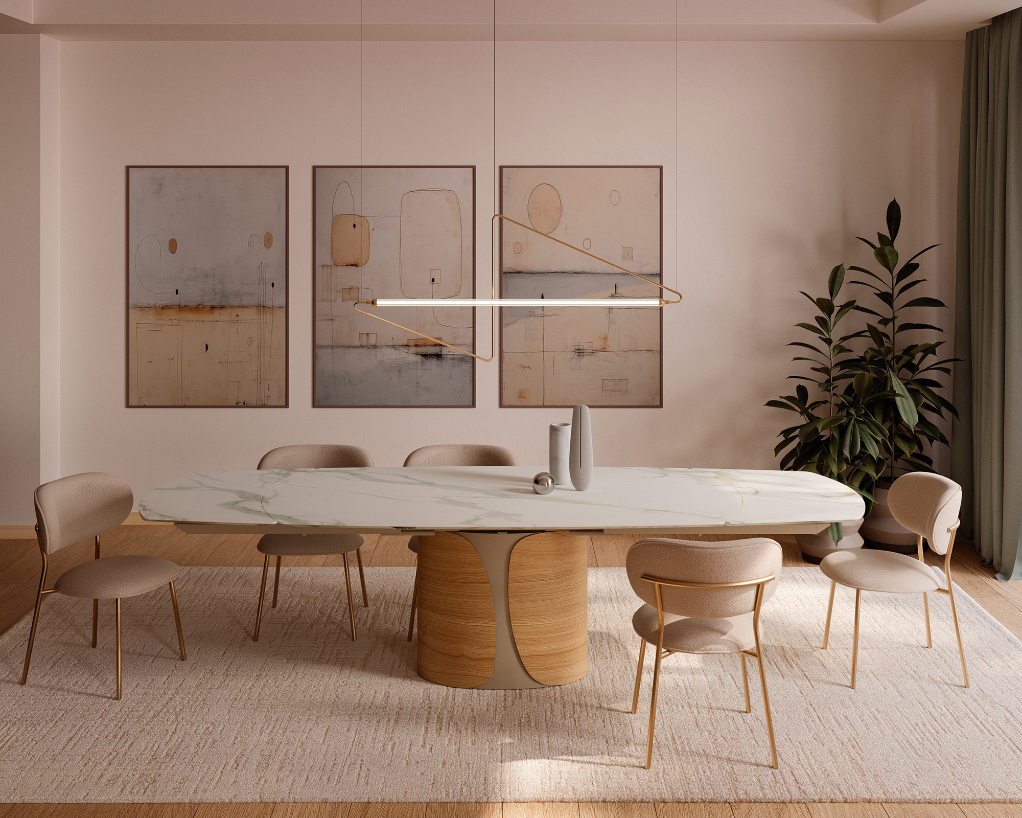 large oval dining table in a beige dining room