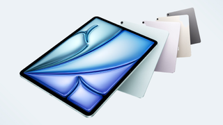 iPad Air 2024 in all four finishes on blue background