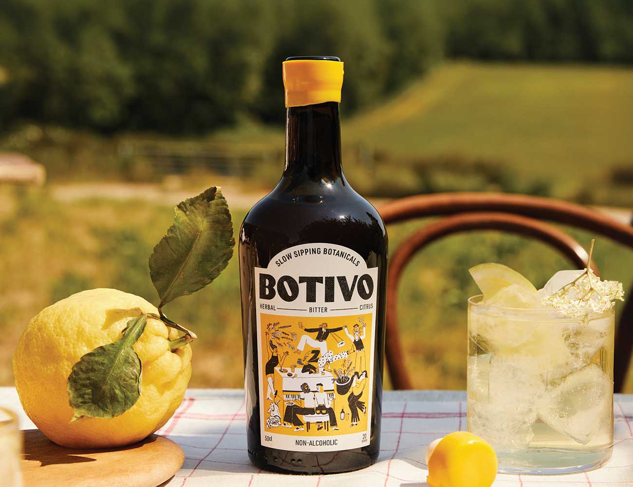 Bottle of Botivo and lemon and glass on table