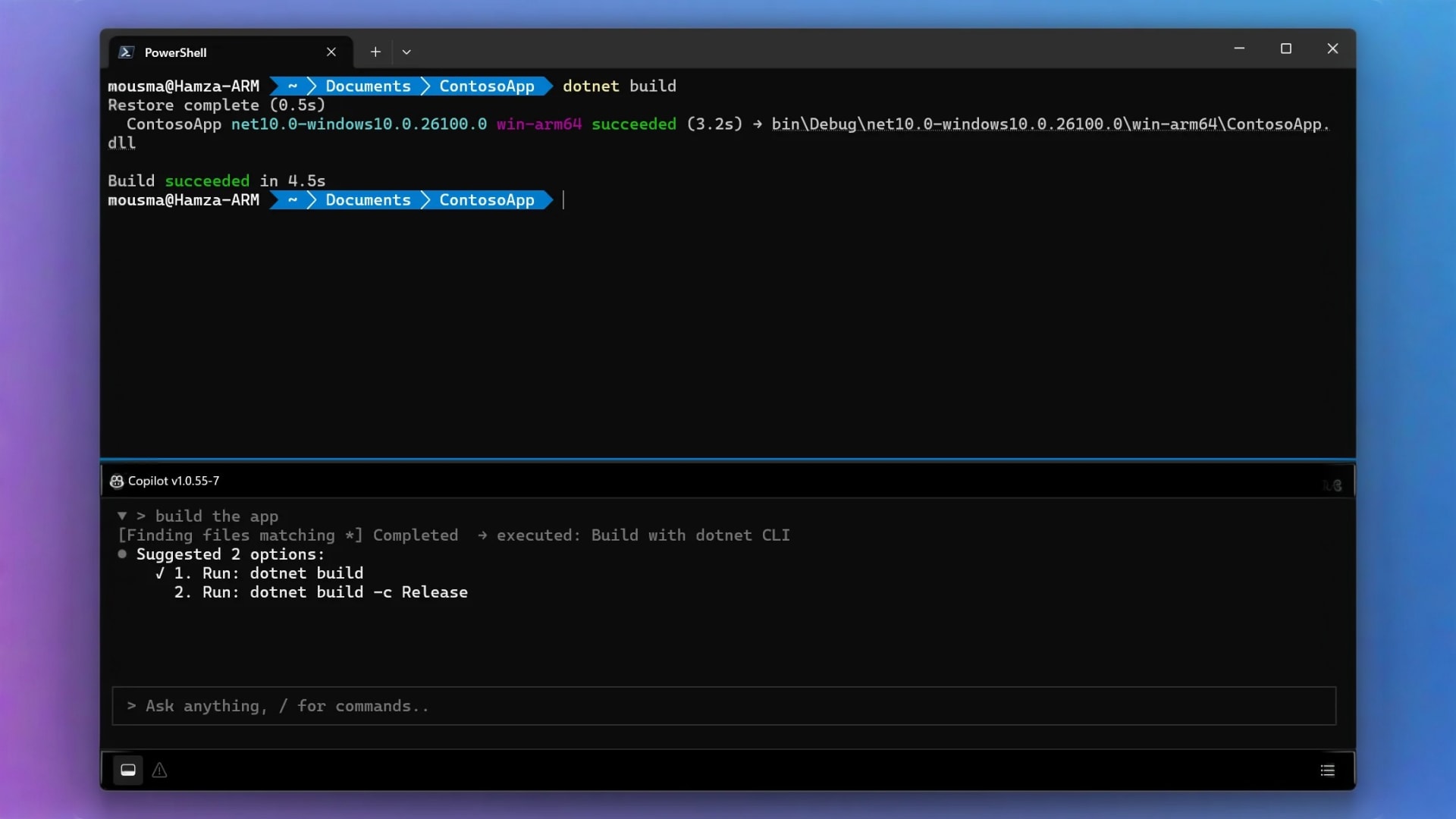 A screenshot of the new Microsoft Intelligent Terminal app showcasing AI agent usage. 
