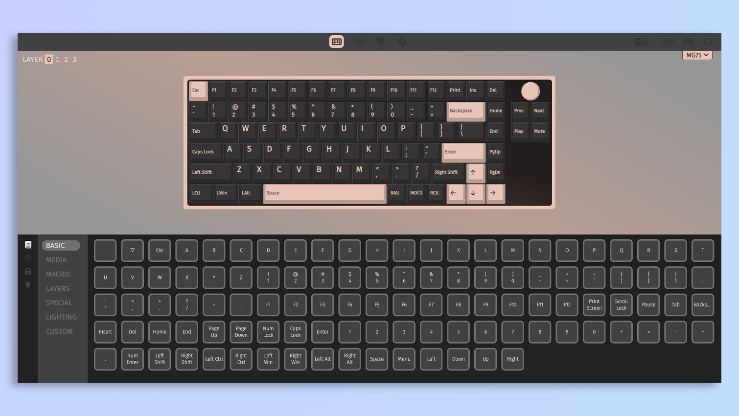 Iqunix Magi75 keyboard being customized via VIA web app