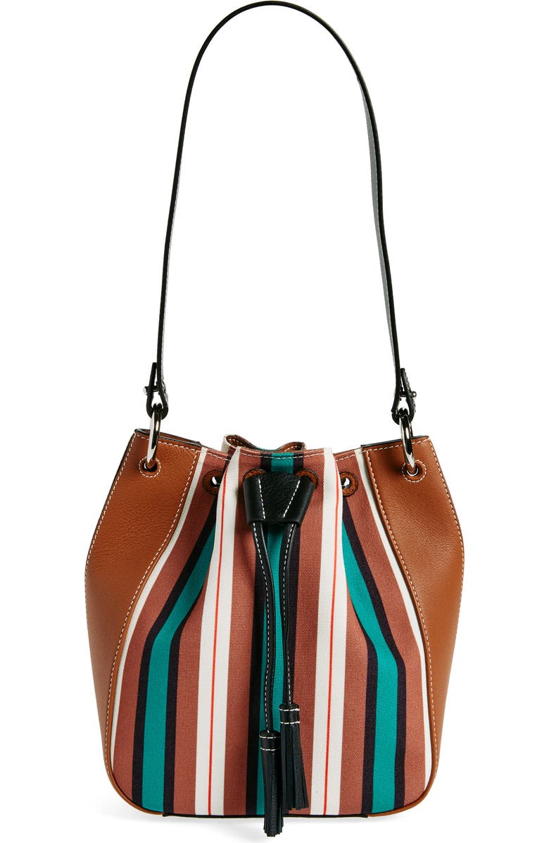 a brown bucket bag with green, black, white, and red vertical stripes
