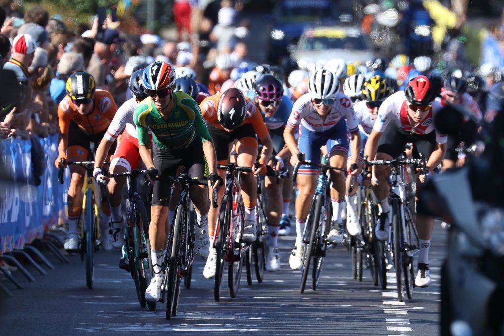 South Africas Ashleigh MoolmanPasio L leads the pack during the womens elite cycling road race 1577km from Antwerp to Leuven on the seventh day of the Flanders 2021 UCI Road World Championships on September 25 2021 Photo by Kenzo Tribouillard AFP Photo by KENZO TRIBOUILLARDAFP via Getty Images