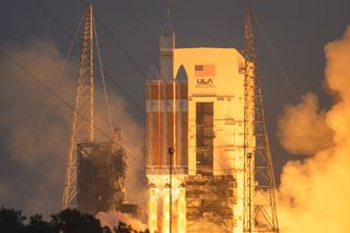 A United Launch Alliance Delta IV Heavy rocket launches NASA's Orion crew capsule on Exploration Flight Test-1, an uncrewed mission to Earth orbit, on Dec. 5, 2014.
