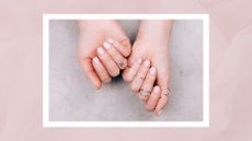 A close up of hands, wearing silver rings with a creamy white manicure/ in a light pink textured template