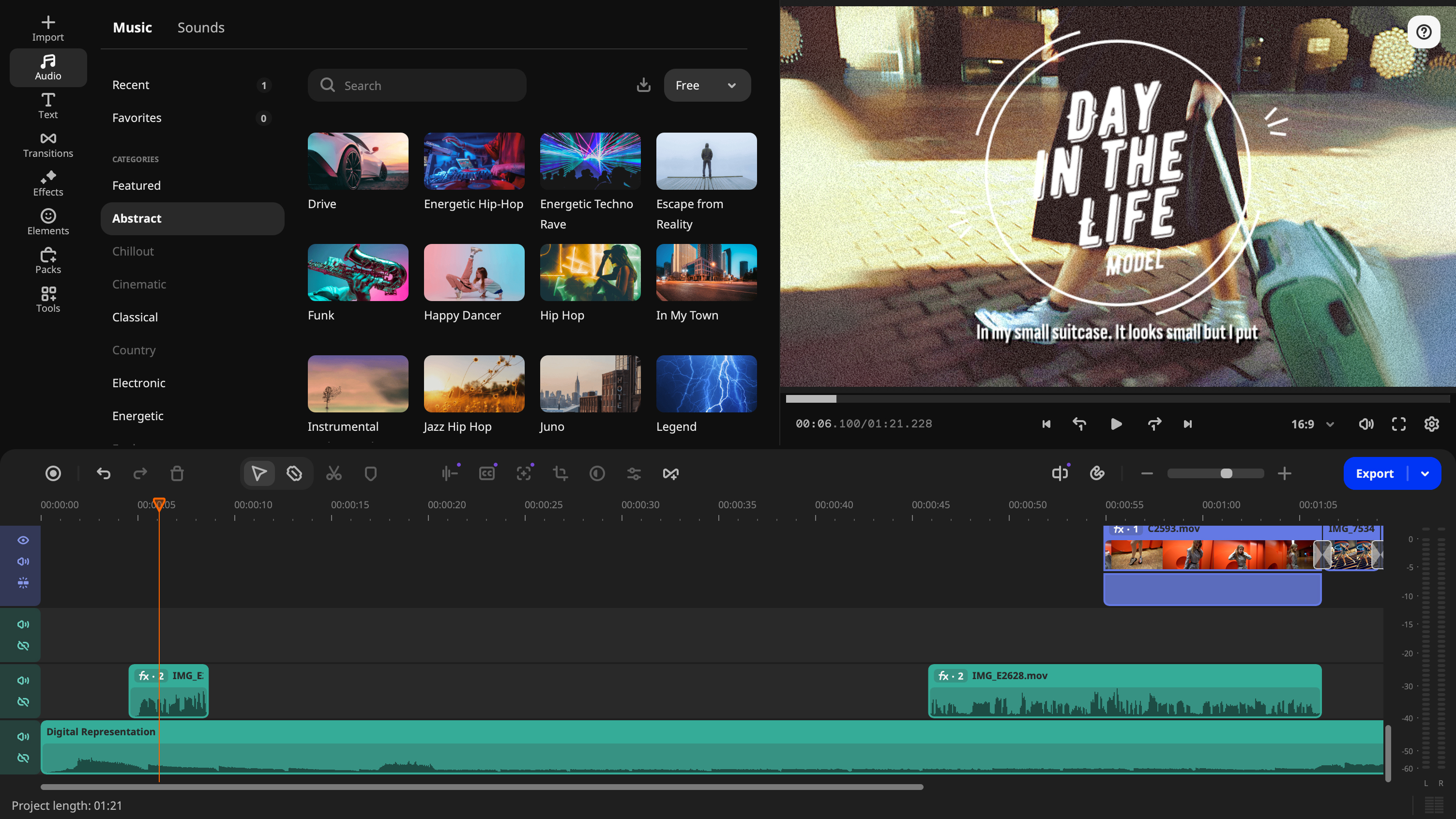 Screenshot displaying the free music library that ships with Movavi. We&amp;rsquo;ve dragged the Digital Representation music clip into the timeline. It appears as a green audio bar.