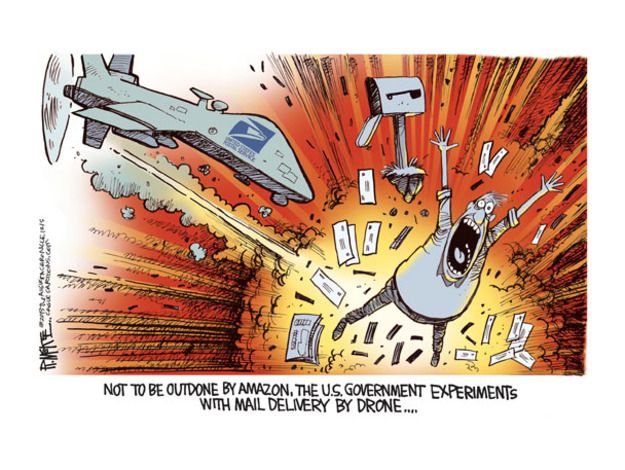 Political cartoon drones government mail