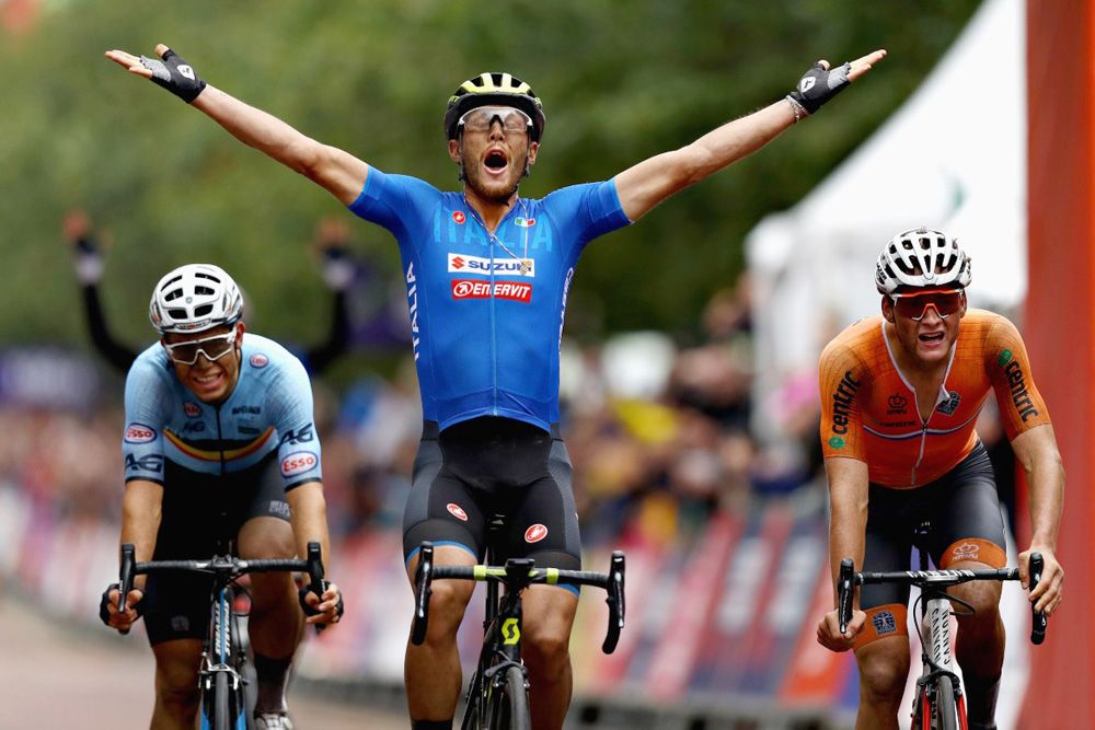 Matteo Trentin celebrates as van der Poel and van Aert realise they've been beaten