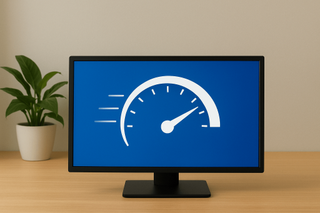Monitor showing speedometer icon for PC performance.